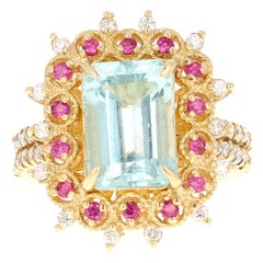 4.90 Carat Aquamarine Pink Sapphire Diamond Yellow Gold Cocktail Ring