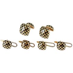 David Webb Black Enamel and Yellow Gold Cufflink Stud Set 3