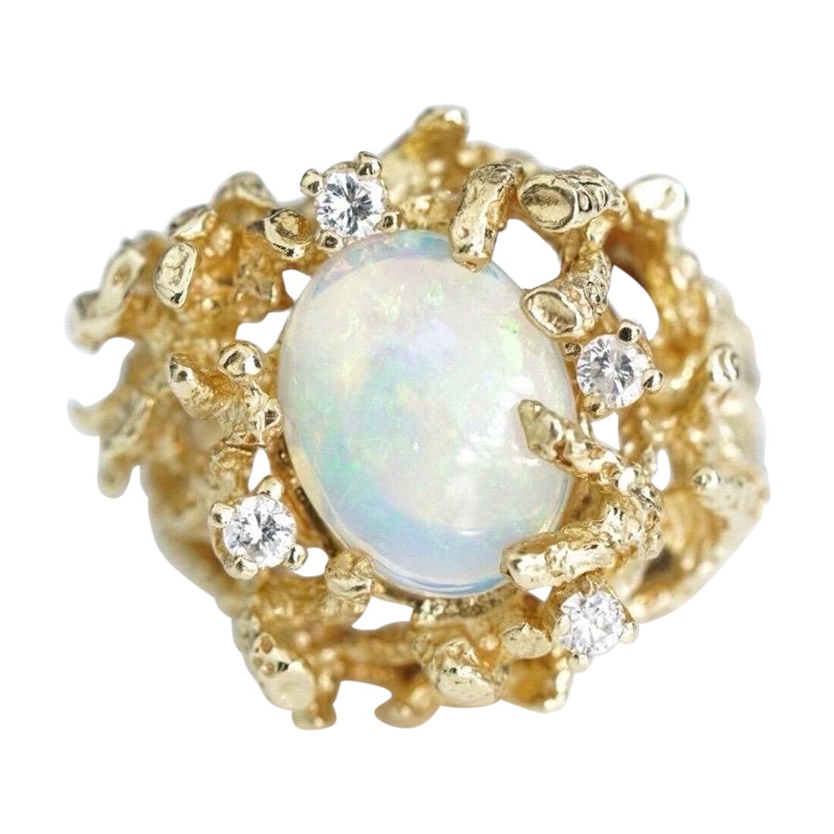 Anello di diamanti opale naturale d'epoca Brutalista in oro giallo 14k Cocktail Estate in vendita