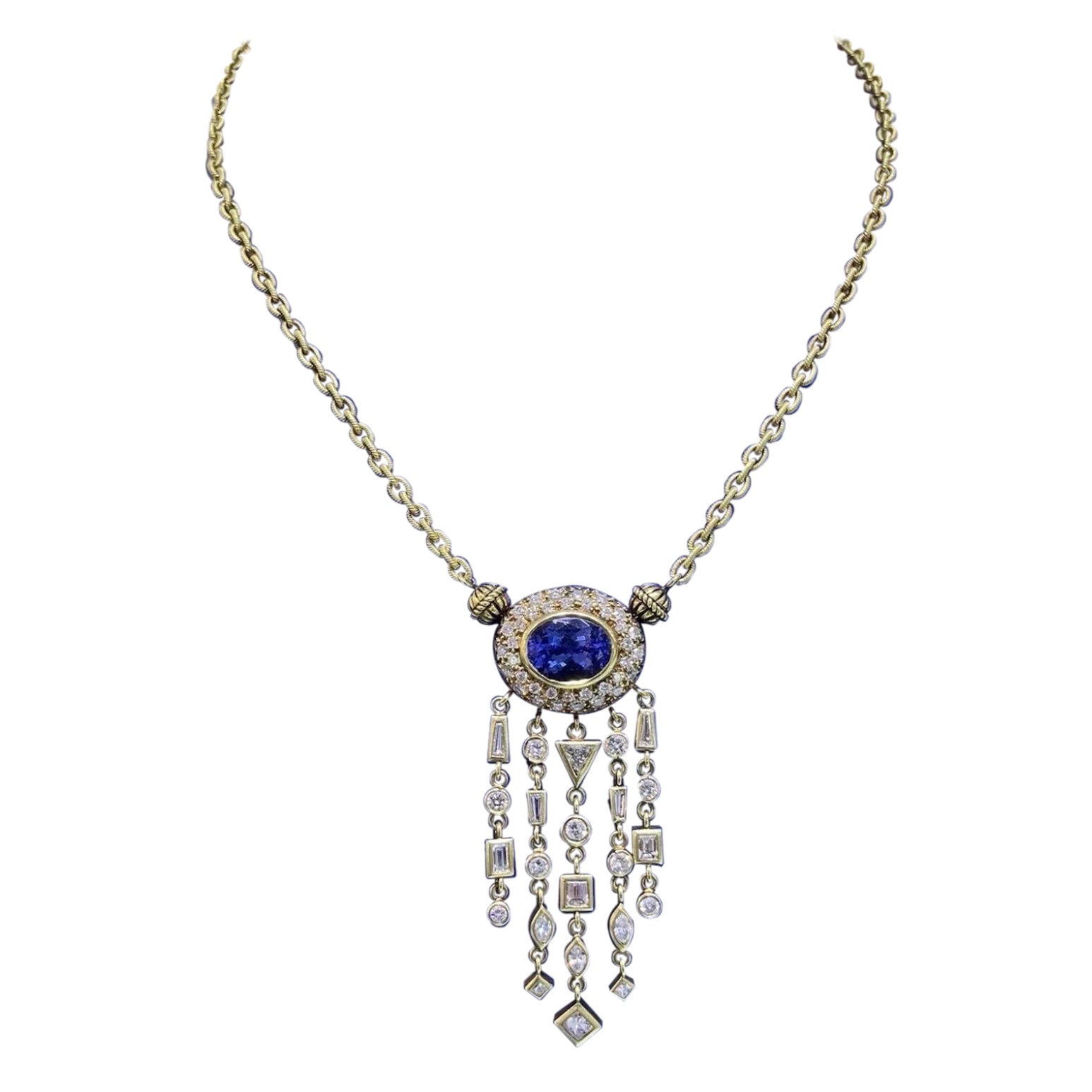 5ct Diamond & 5ct Natural Oval Tanzanite 18K Yellow Gold Chain Necklace