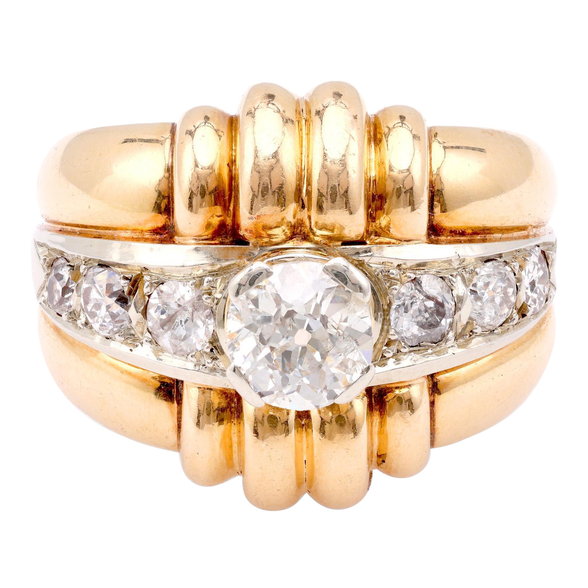 Retro French Diamond 18K Yellow Gold Tank Ring