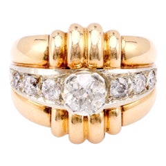 Retro French Diamond 18K Yellow Gold Tank Ring