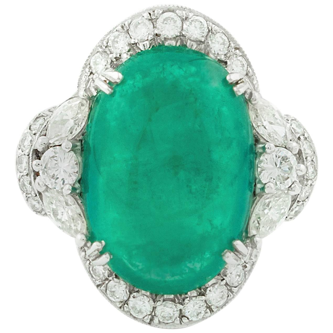 12.17 Carat Colombian Cabochon Cut Emerald Diamond White Gold Ring  For Sale