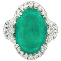 12.17 Carat Colombian Cabochon Cut Emerald Diamond White Gold Ring