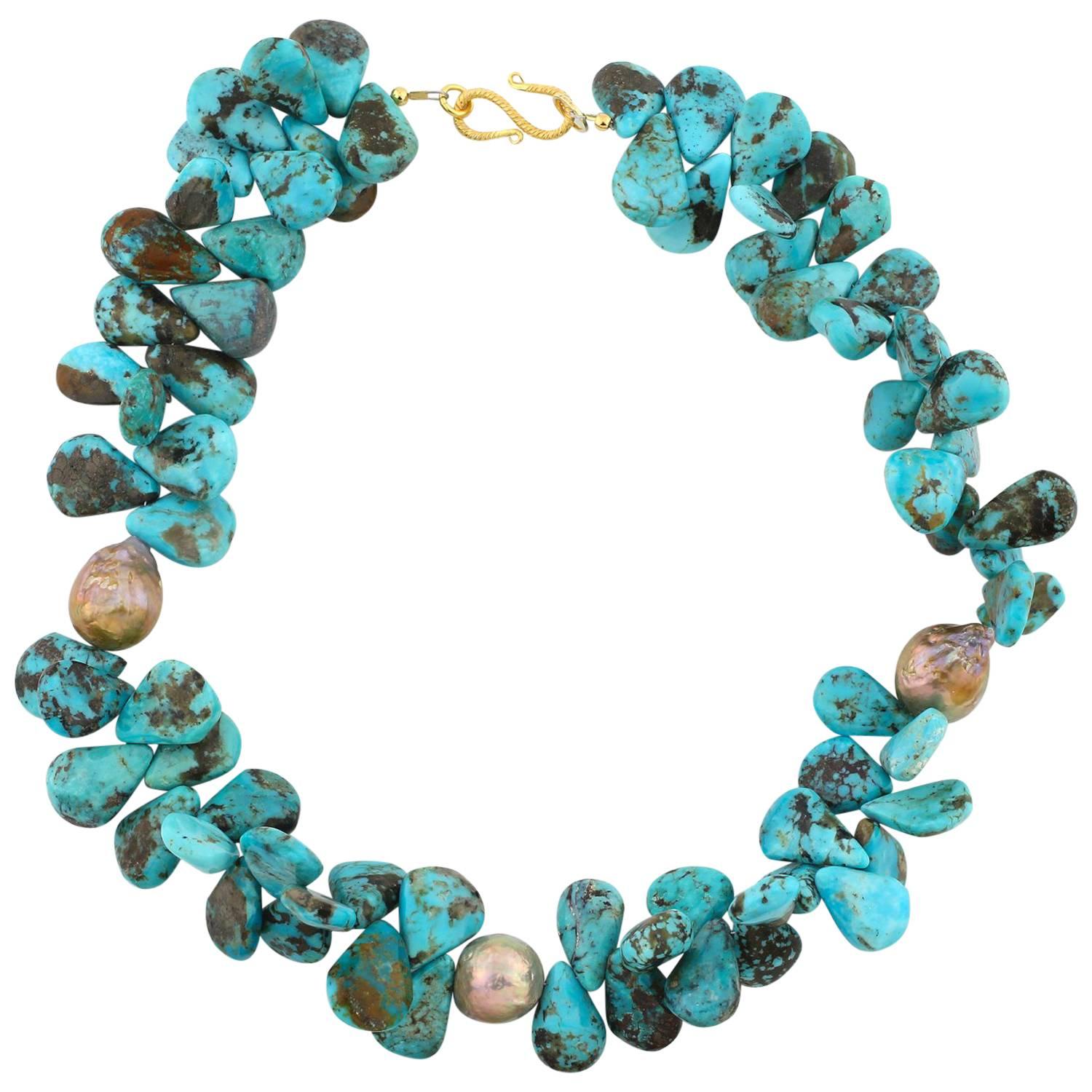 AJD Elegant Natural Royal Beauty Turquoise & Pearl Handmade Necklace