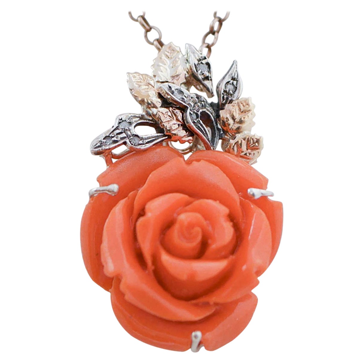 Coral, Diamonds, Rose Gold and Silver Pendant.