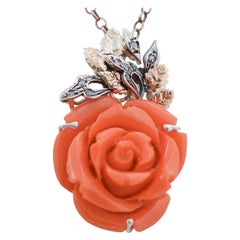 Coral, Diamonds, Rose Gold and Silver Pendant.