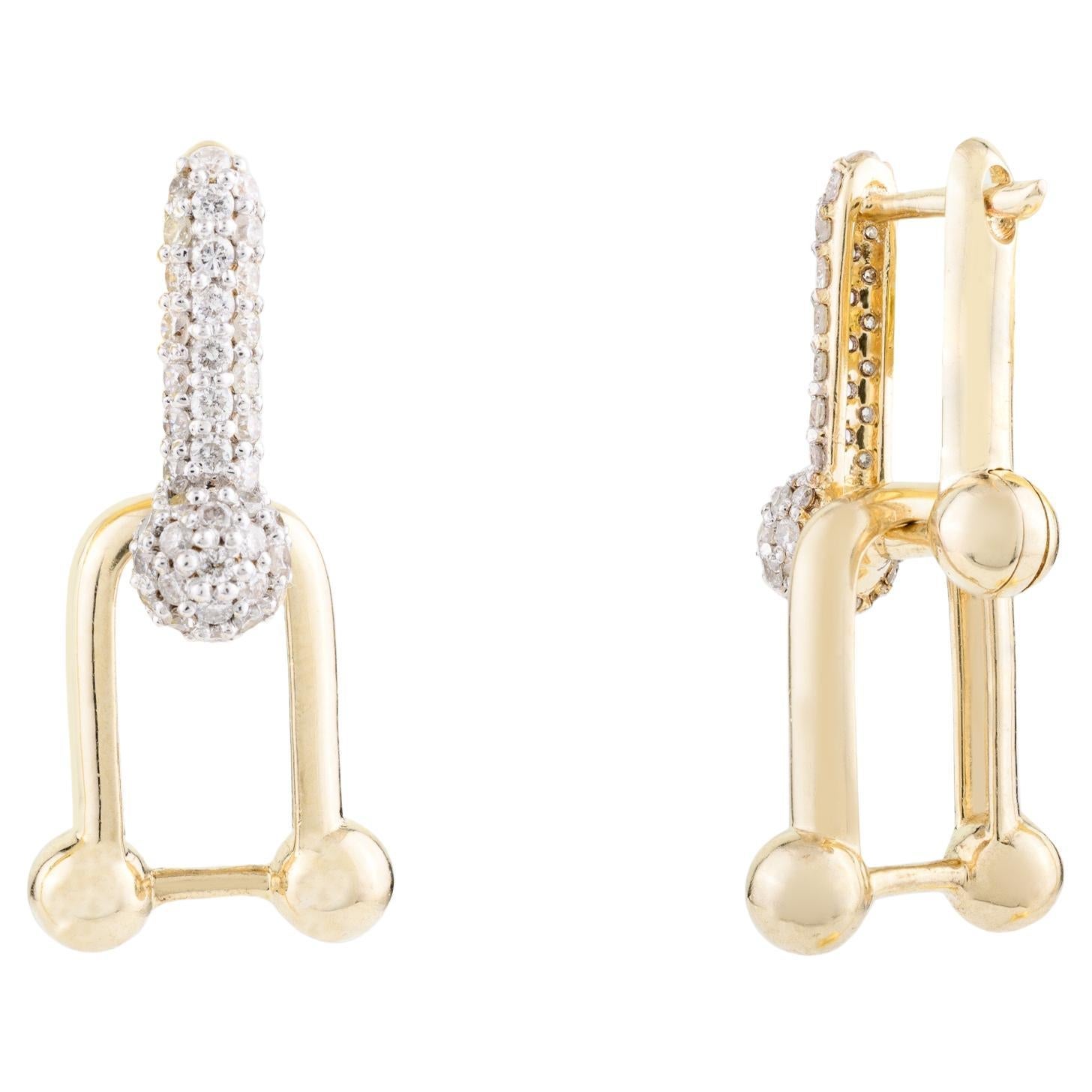 Modern Pave Diamond U Link Hardwear Earrings in 14k Solid Yellow Gold for Her For Sale