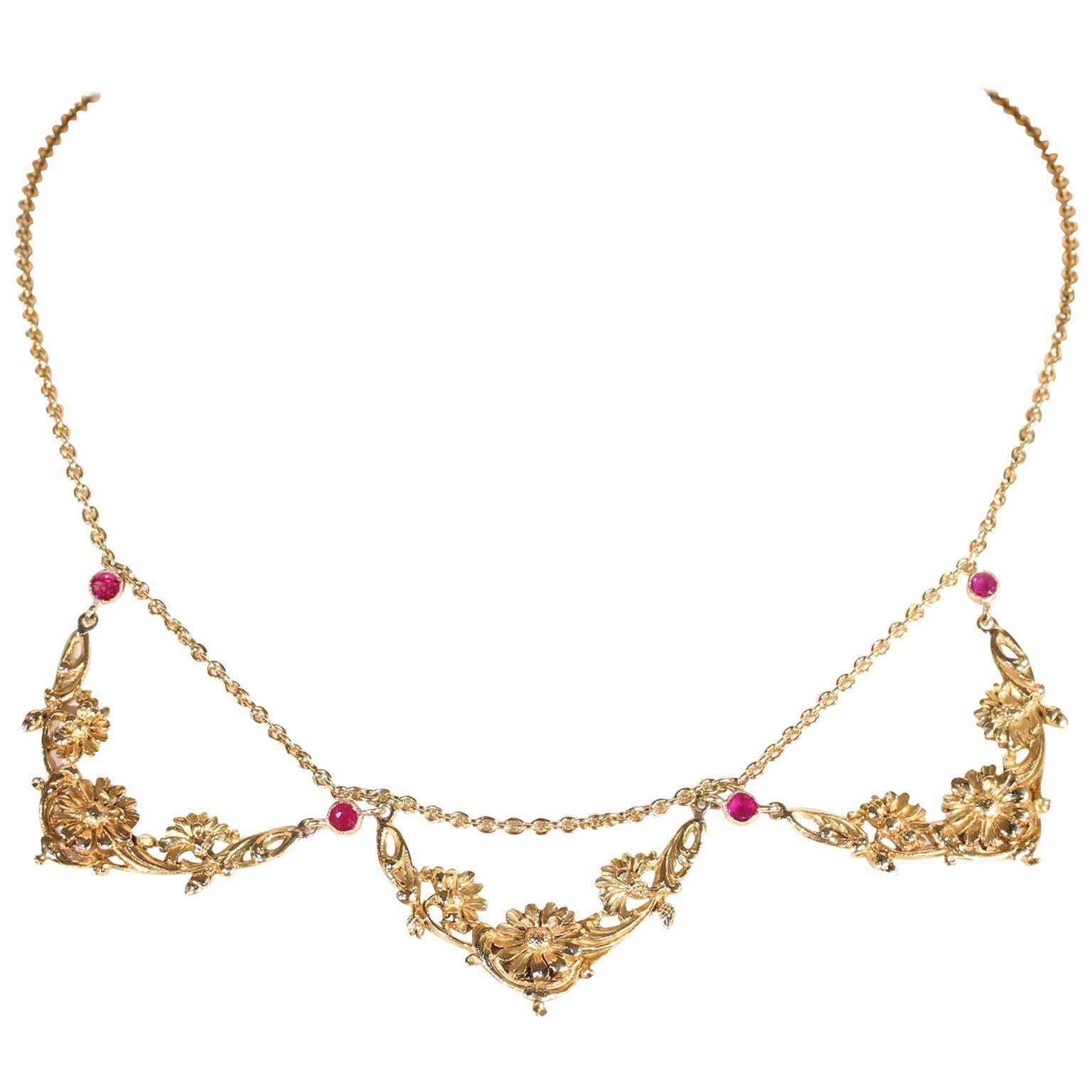 Art Nouveau Ruby Gold Necklace French Floral For Sale