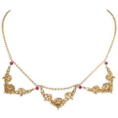 Antique Art Nouveau Ruby Gold Necklace French Floral