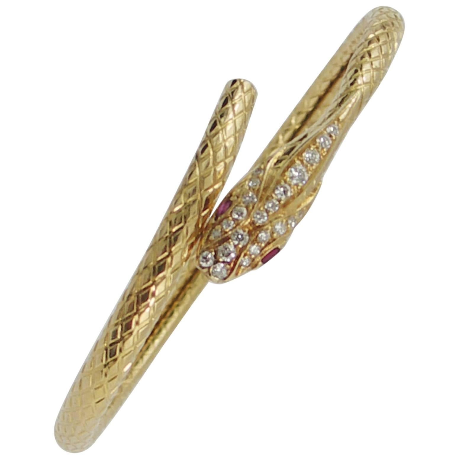 Gold Diamond Ruby Snake Bracelet