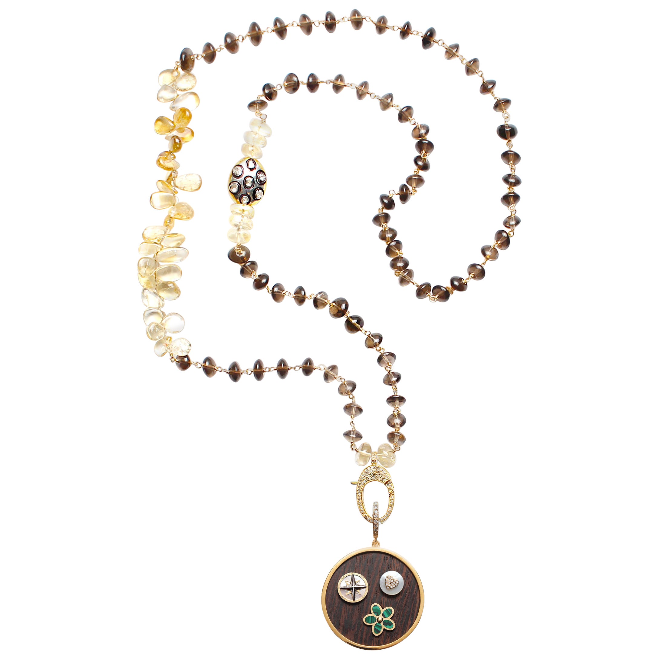 CLARISSA BRONFMAN Quartz Gold Diamond Rosary & 3 Charm Malachite Ebony Pendant