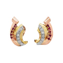 Pendientes Retro de Rubí y Diamantes en Dos Tonos