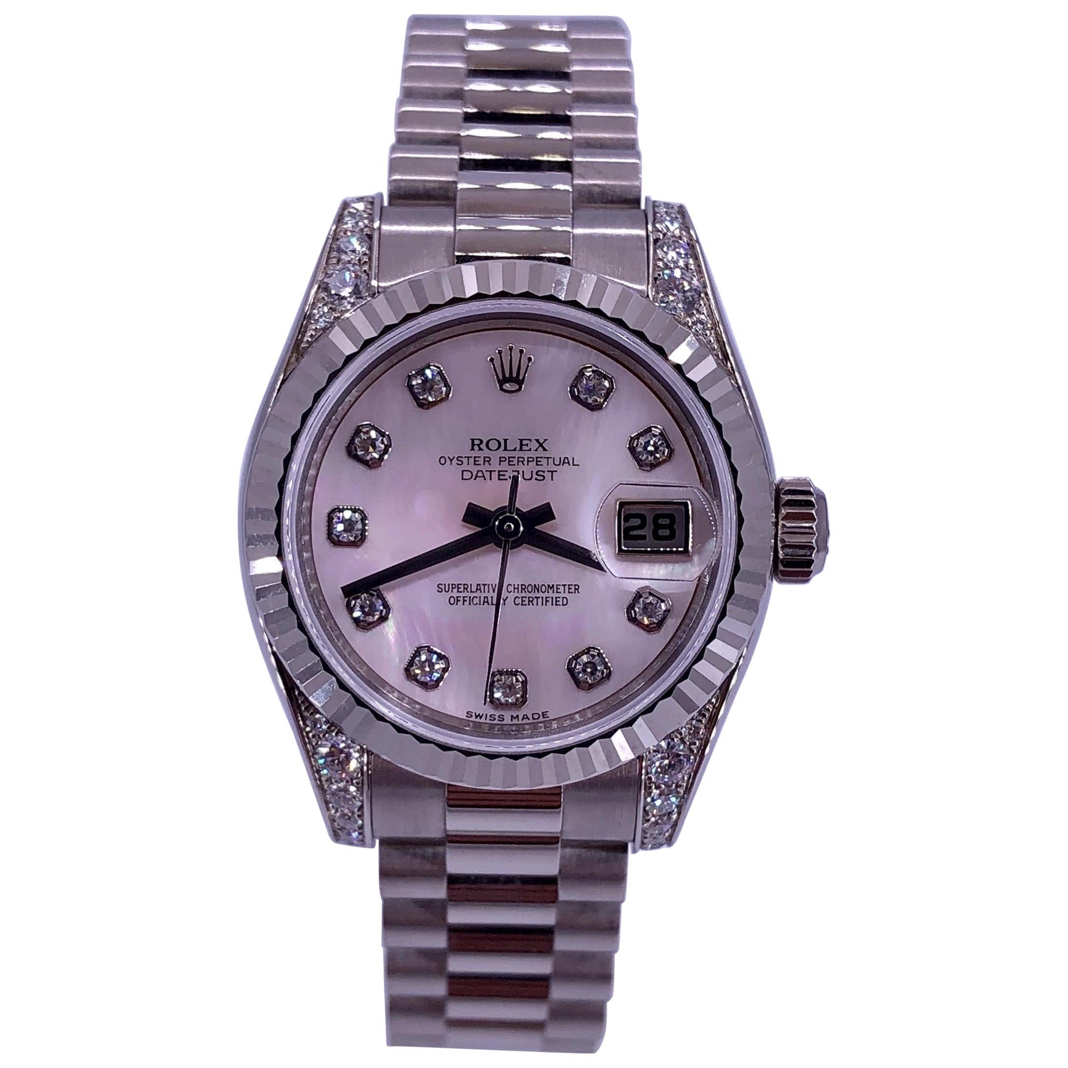 Rolex Lady-Datejust NEW White Gold Mother of Pearl with Diamonds For Sale