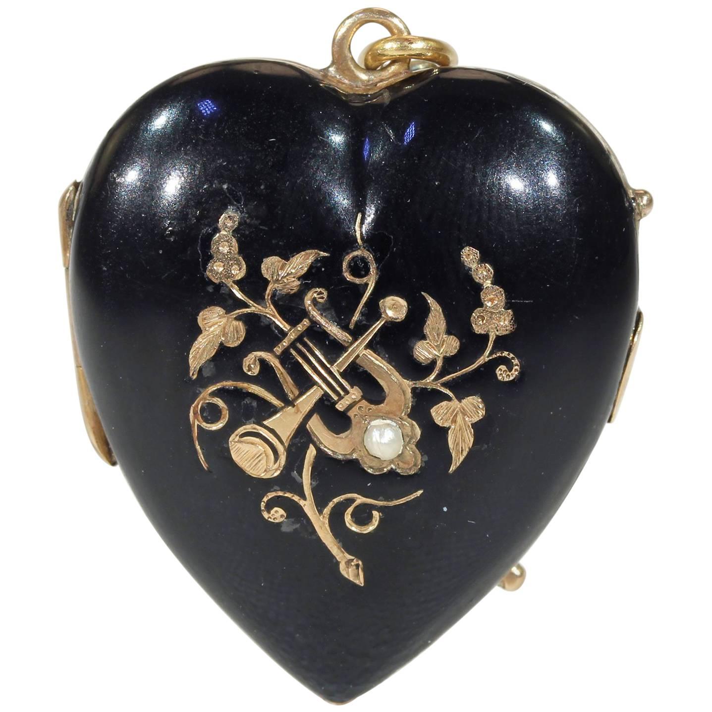 Victorian Black Enamel Gold Locket Pearl Trumpet Lyre For Sale