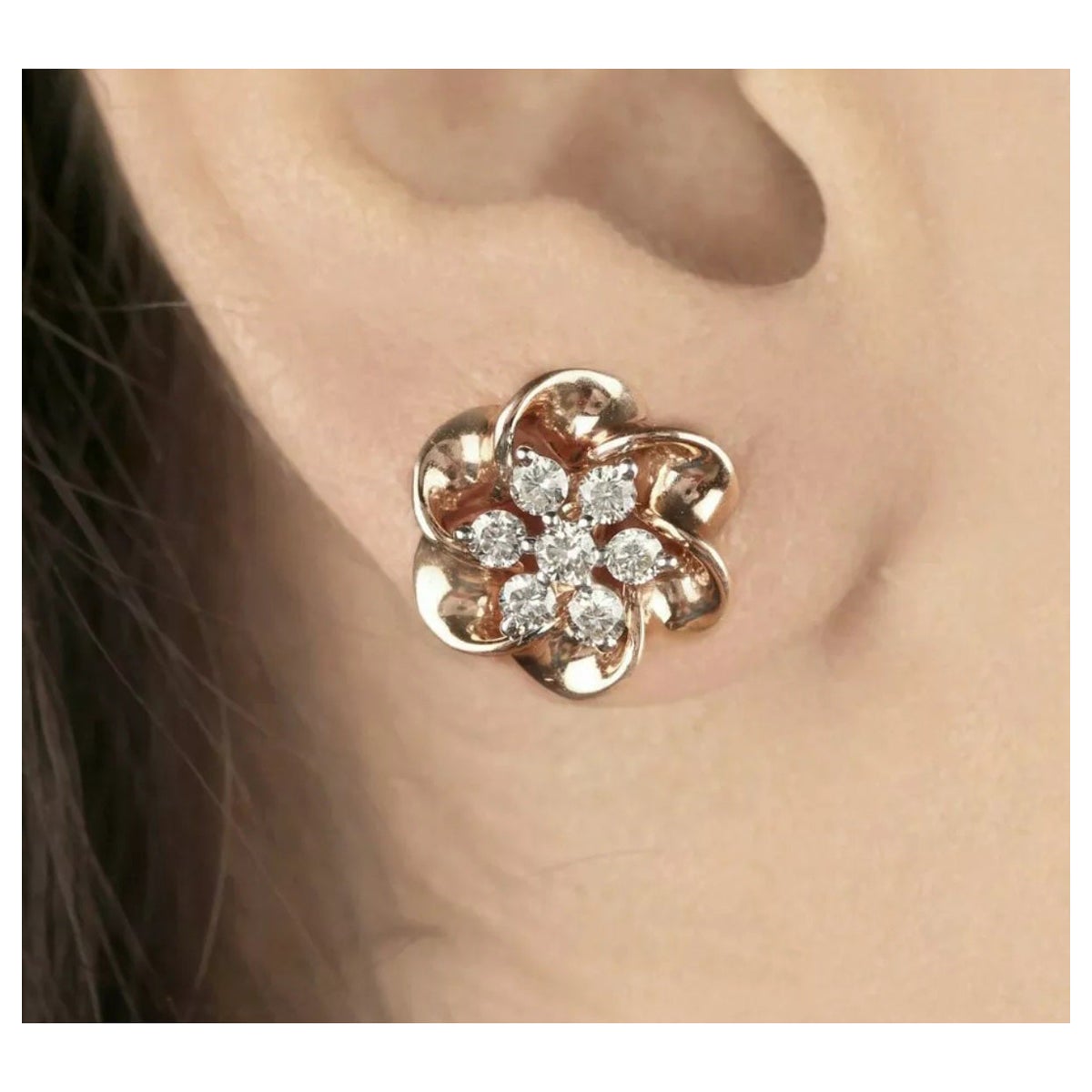 Pave Diamond Mini Flor Stud Earring 14k Rose Gold Wedding Fine Jewelry Gift.