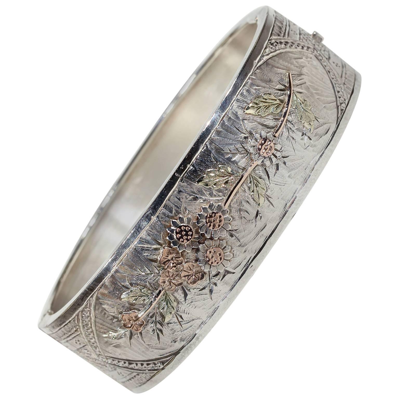 Victorian Three-Tone Silver Bangle Floral Motif For Sale