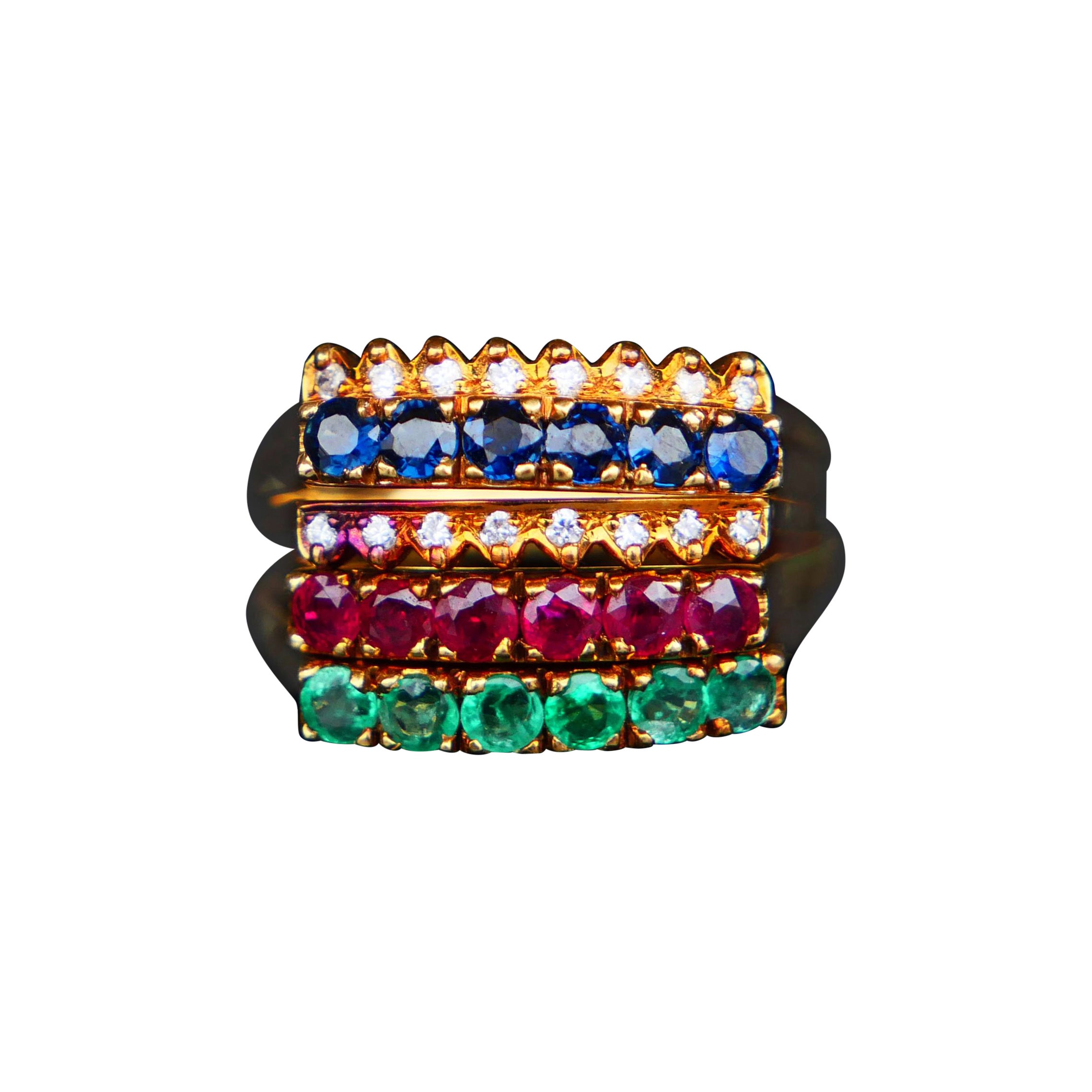 Anillo Combinado Antiguo Zafiro Rubí Esmeralda macizo Oro 18K Talla Ø 6.75US / 7.45gr