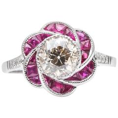 Vintage Floral Champagne Diamond Ruby Engagement Ring in Platinum