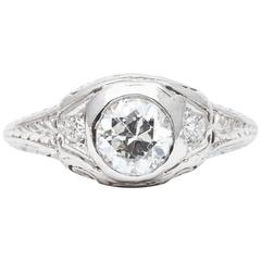 Elaborately Engraved Art Deco 0.75 Carat Diamond Engagement Ring in Platinum