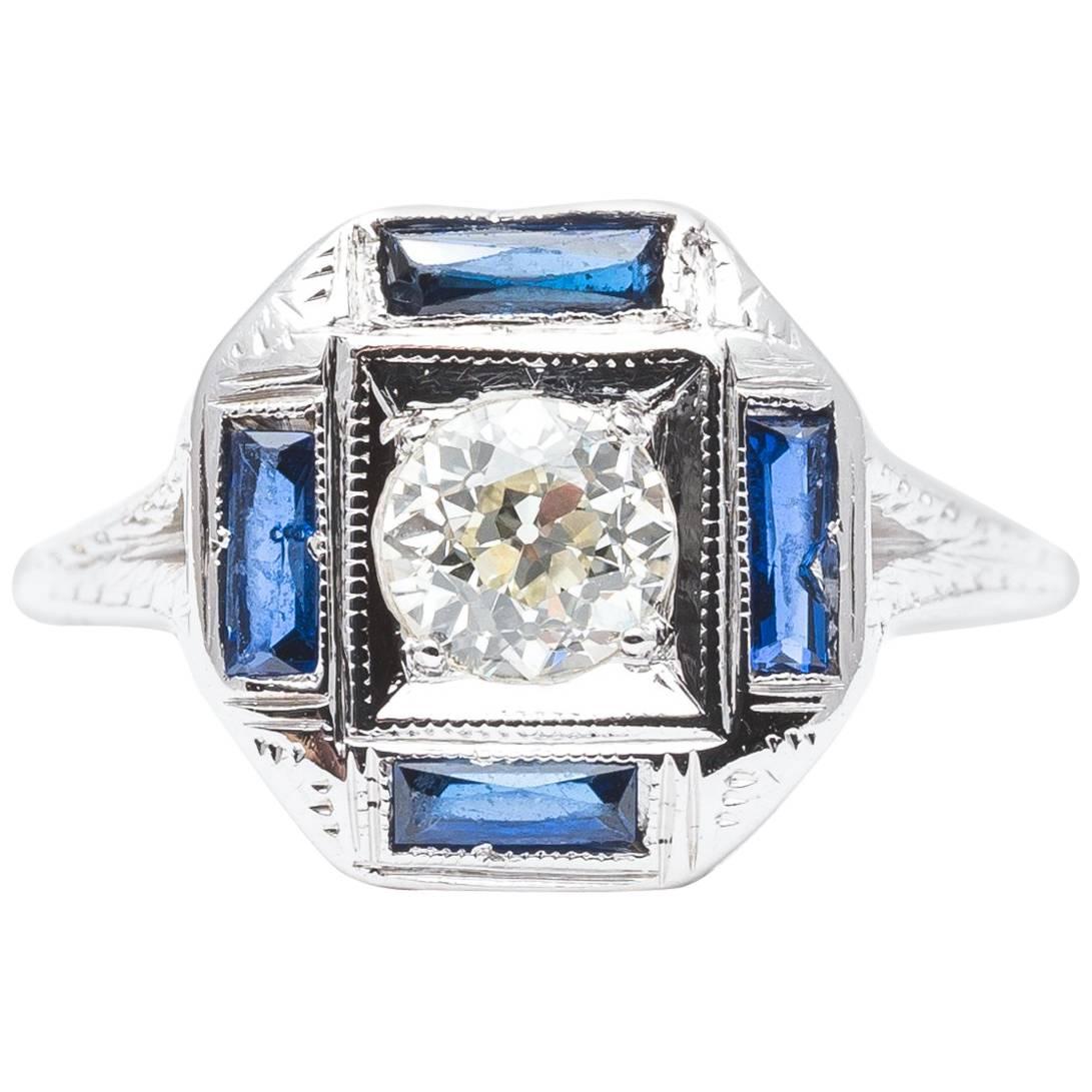 Art Deco 0.55 Carat Diamond, French Cut Sapphire Engagement Ring For Sale