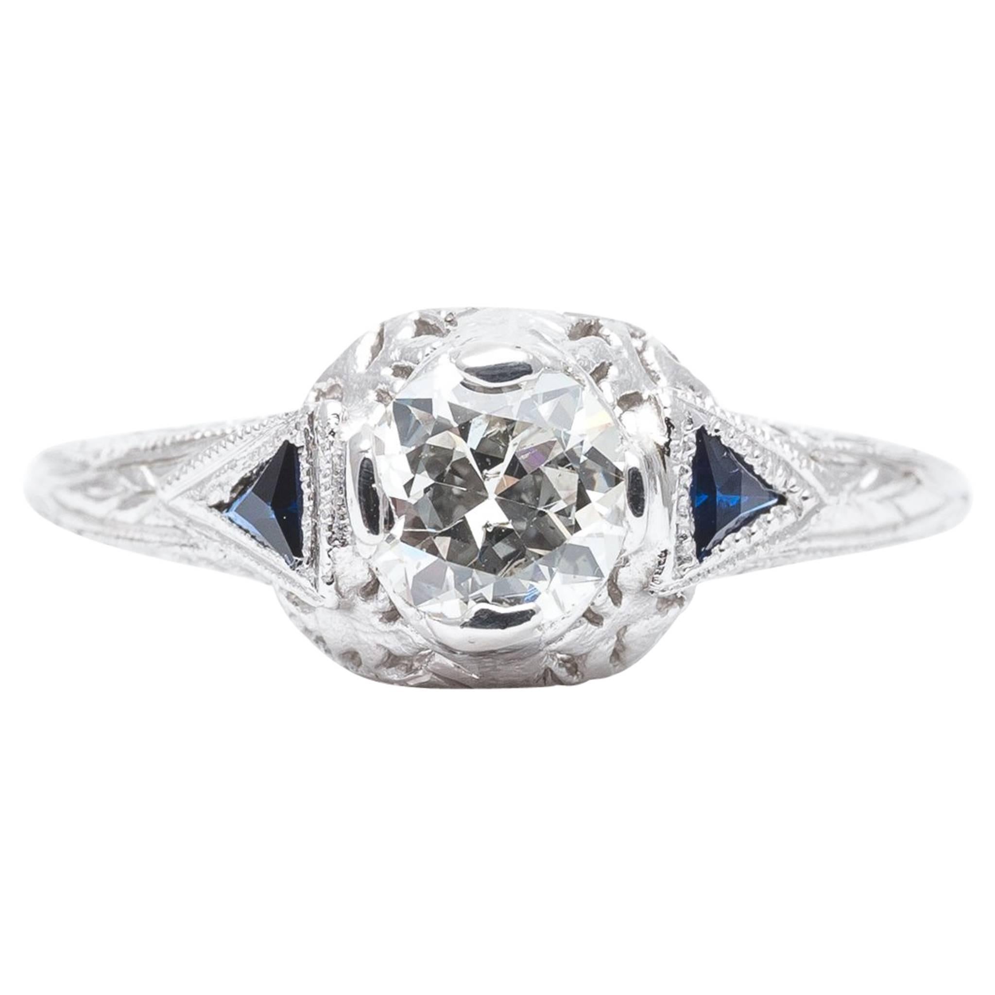 Hand Engraved Diamond, Sapphire Art Deco Filigree Engagement Ring For Sale