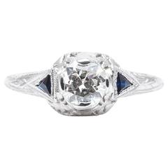 Hand Engraved Diamond, Sapphire Art Deco Filigree Engagement Ring