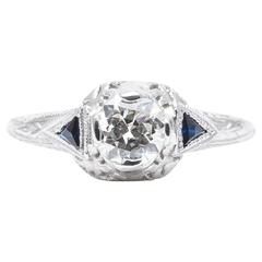 Vintage Hand Engraved Diamond, Sapphire Art Deco Filigree Engagement Ring