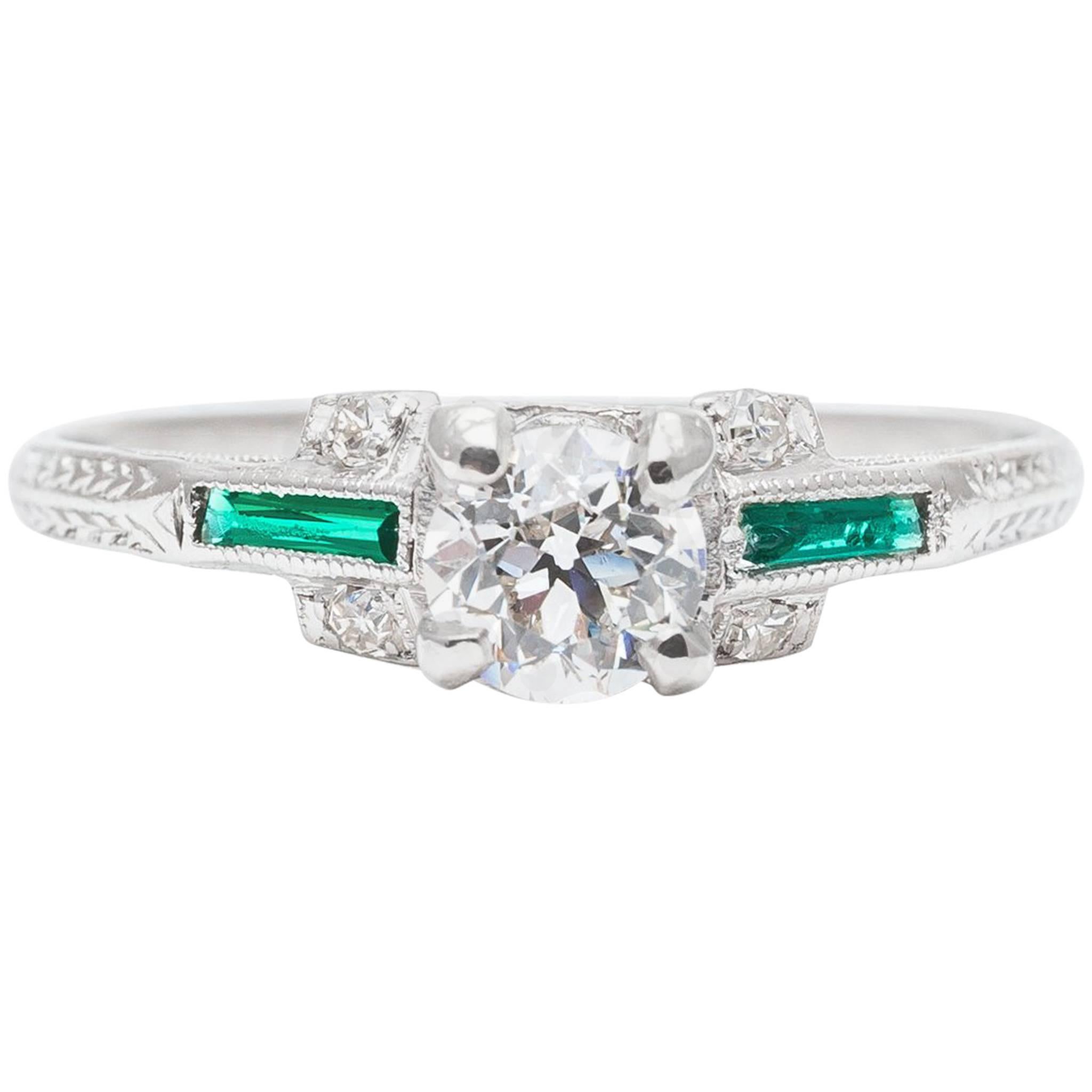 Art Deco Period 0.62 Carat Diamond, Emerald Engagement Ring in Platinum For Sale