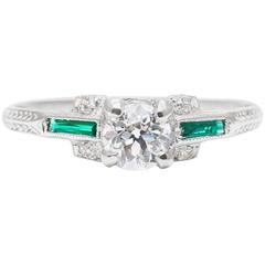 Antique Art Deco Period 0.62 Carat Diamond, Emerald Engagement Ring in Platinum