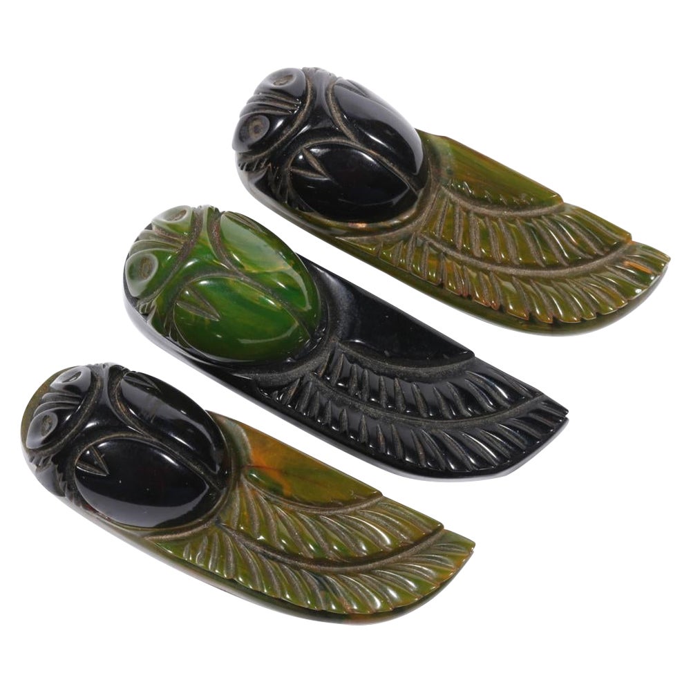 3 Egyptian Revival Marbled Bakelite Winged Scarab Insect Dress Clip Brooch Deco