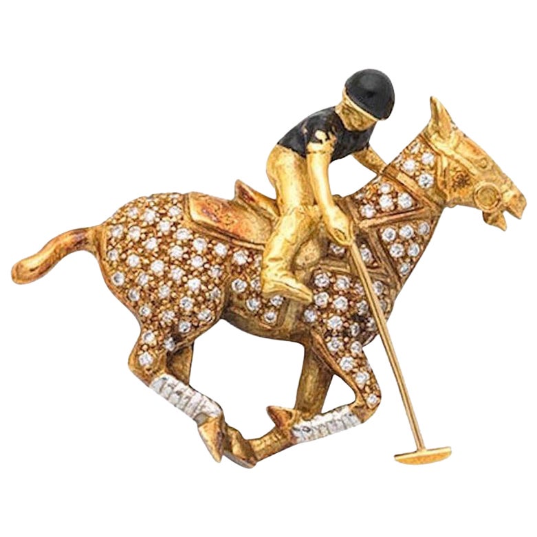 Theo Fennell 1980s Diamond Enamel Polo Pony Articulated Player Horse Brooch Gold
