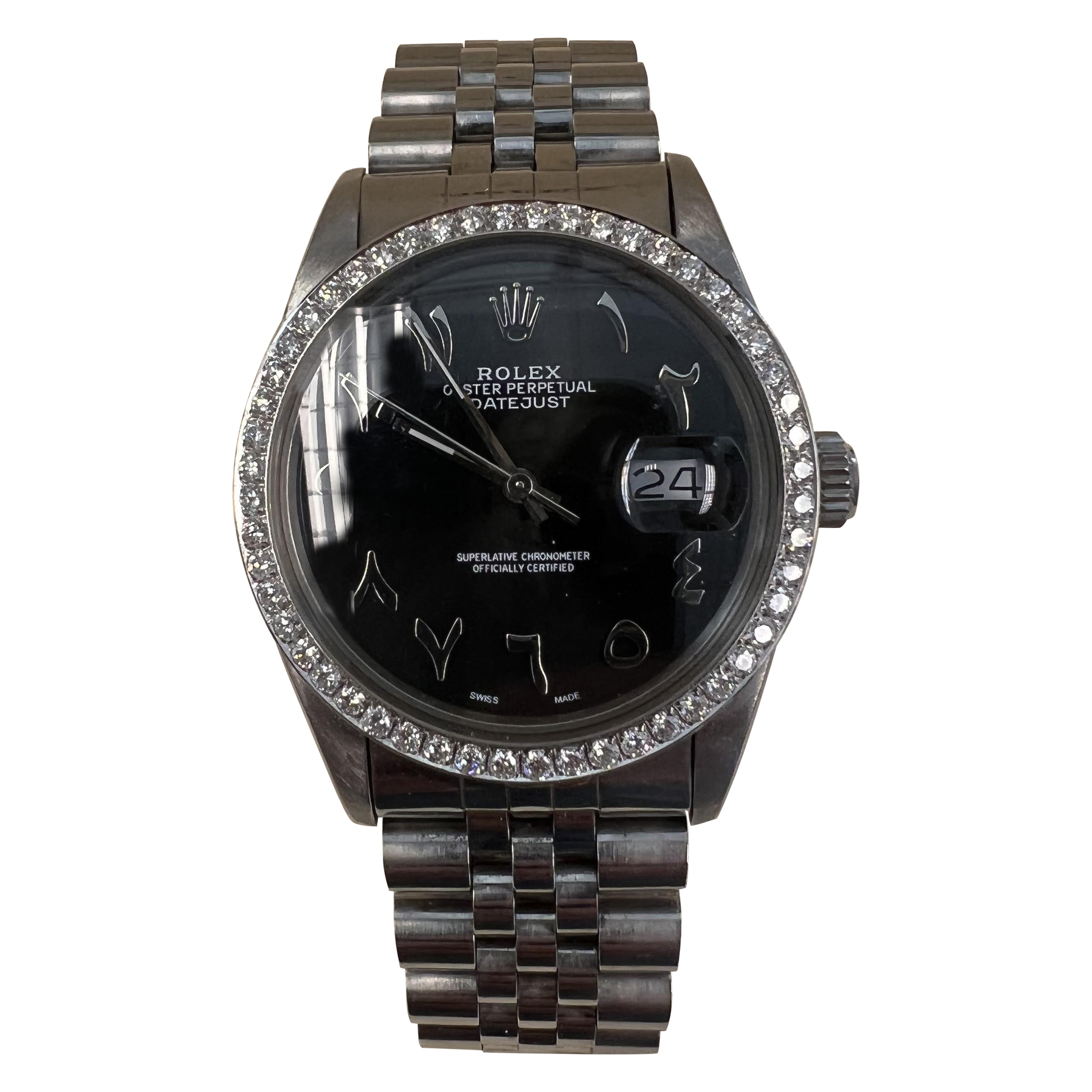 Rolex Montre Datejust 36 avec cadran arabe personnalisé et lunette en diamant en vente