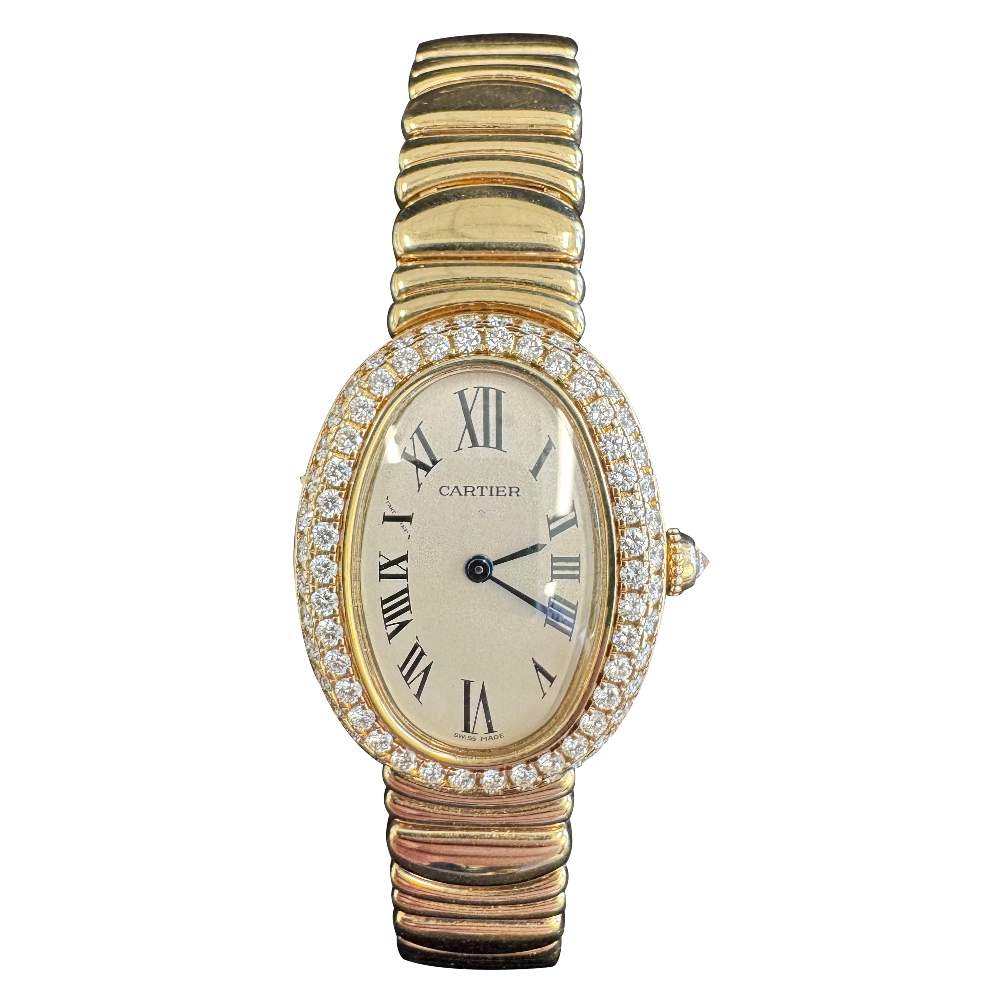 Cartier Baignoire Factory Diamonds 18k Rose Gold Satin Strap For Sale ...