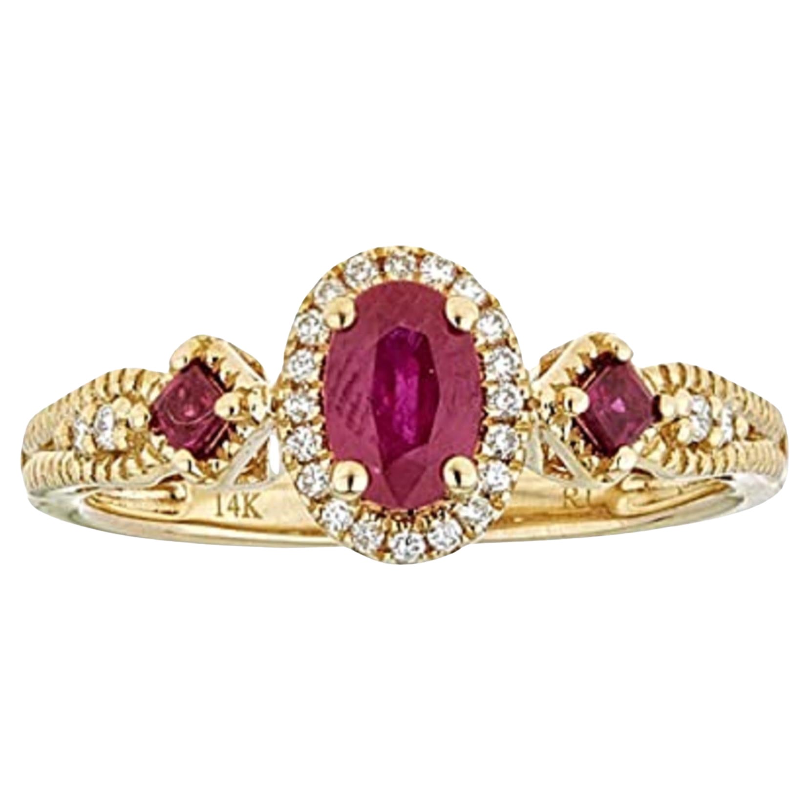 Anillo de oro amarillo de 14 quilates con acentos de diamantes rubí talla cuadrada y ovalada