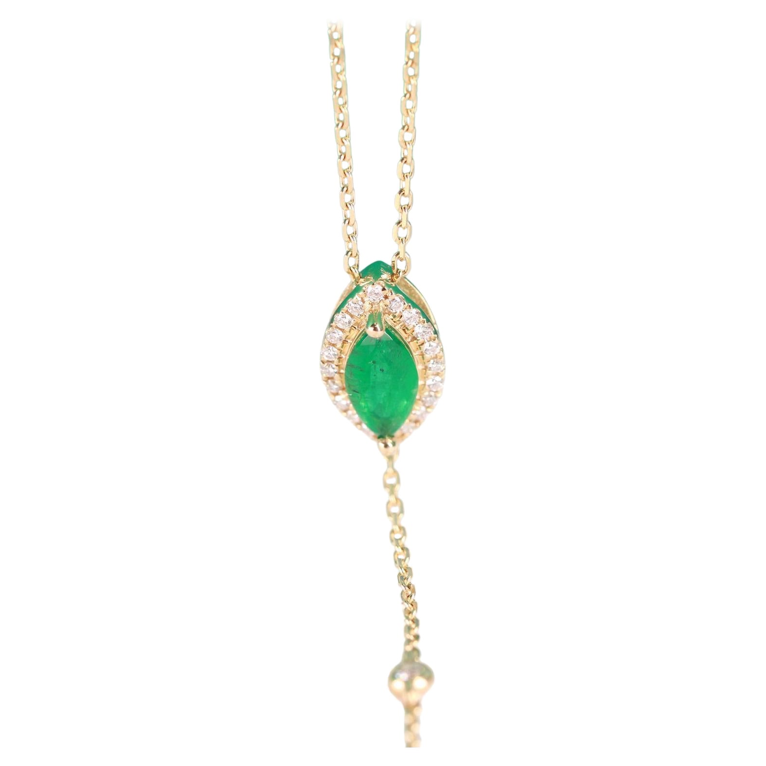 0.50 Carat Marquise Cut Emerald Diamond Accents 14K Yellow Gold Necklace For Sale