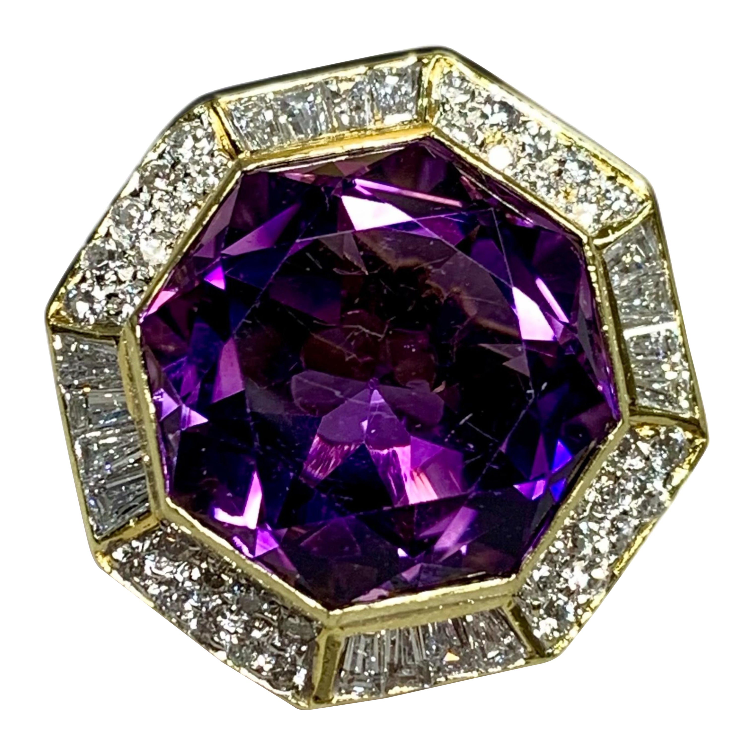 Estate 18K Yellow Gold Octagonal Amethyst Diamond Pendant Enhancer 12.10ctw