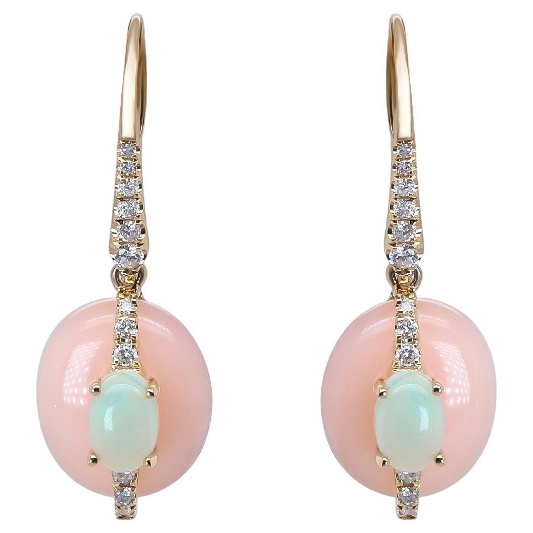 14K Gelbgold Natürlicher rosa Opal-Ohrring mit Diamanten für Frauen im Angebot