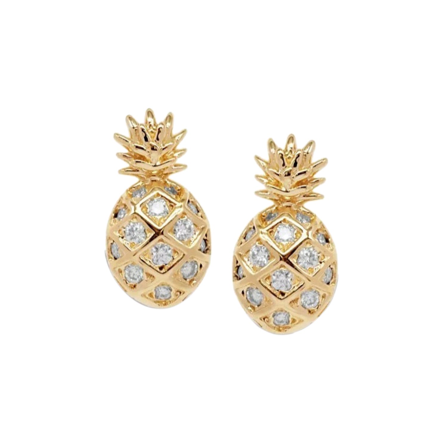 Pineapple Studs 14k Solid Gold Genuine Diamond Pineapple Studs Gift For Women.