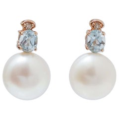 Aquamarine Colour Topazs, Diamonds, Pearls, 14 Karat Rose Gold Earrings.