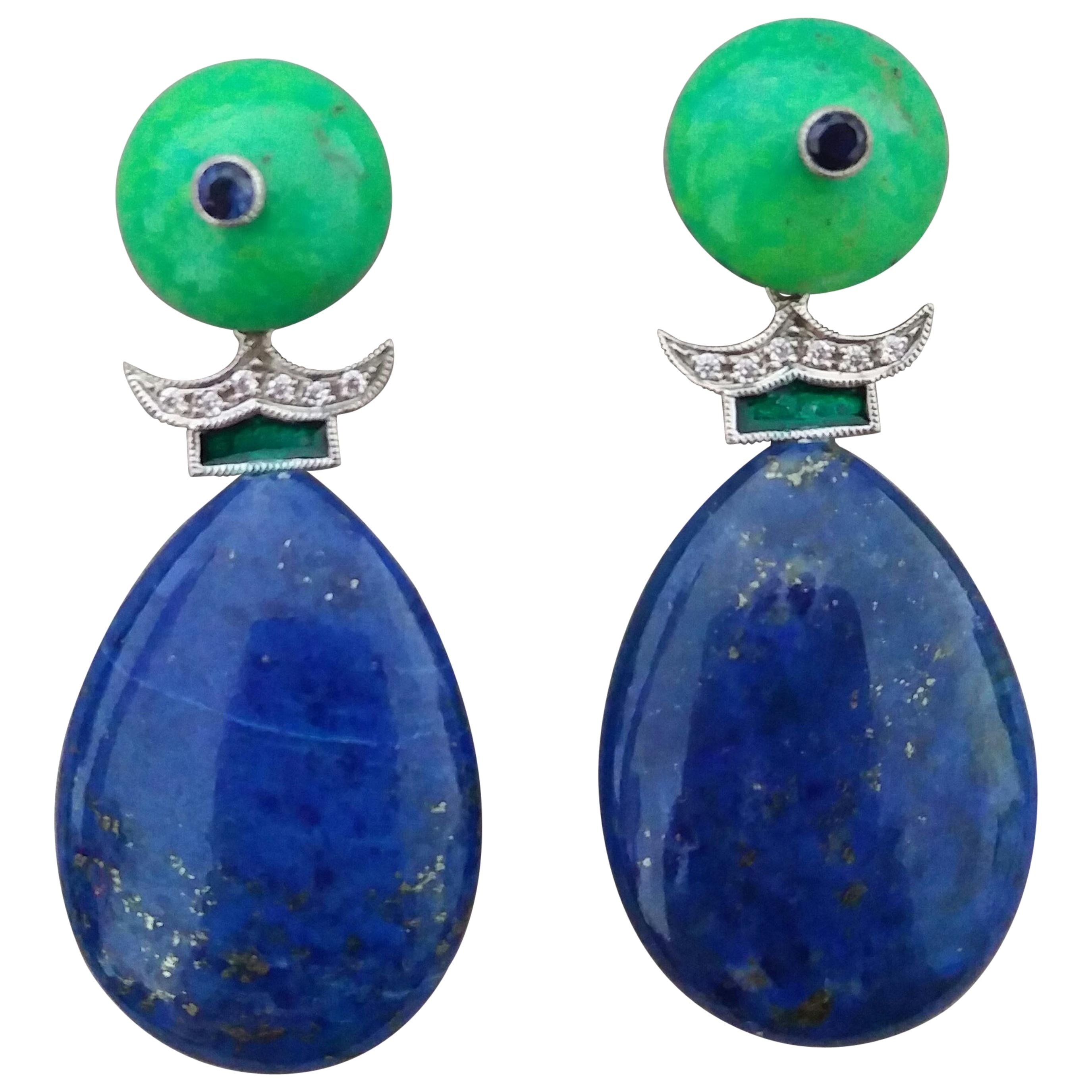 Goldohrringe, grüner Türkis, blauer Saphir, Lapislazuli, grüner Emaille, Diamanten