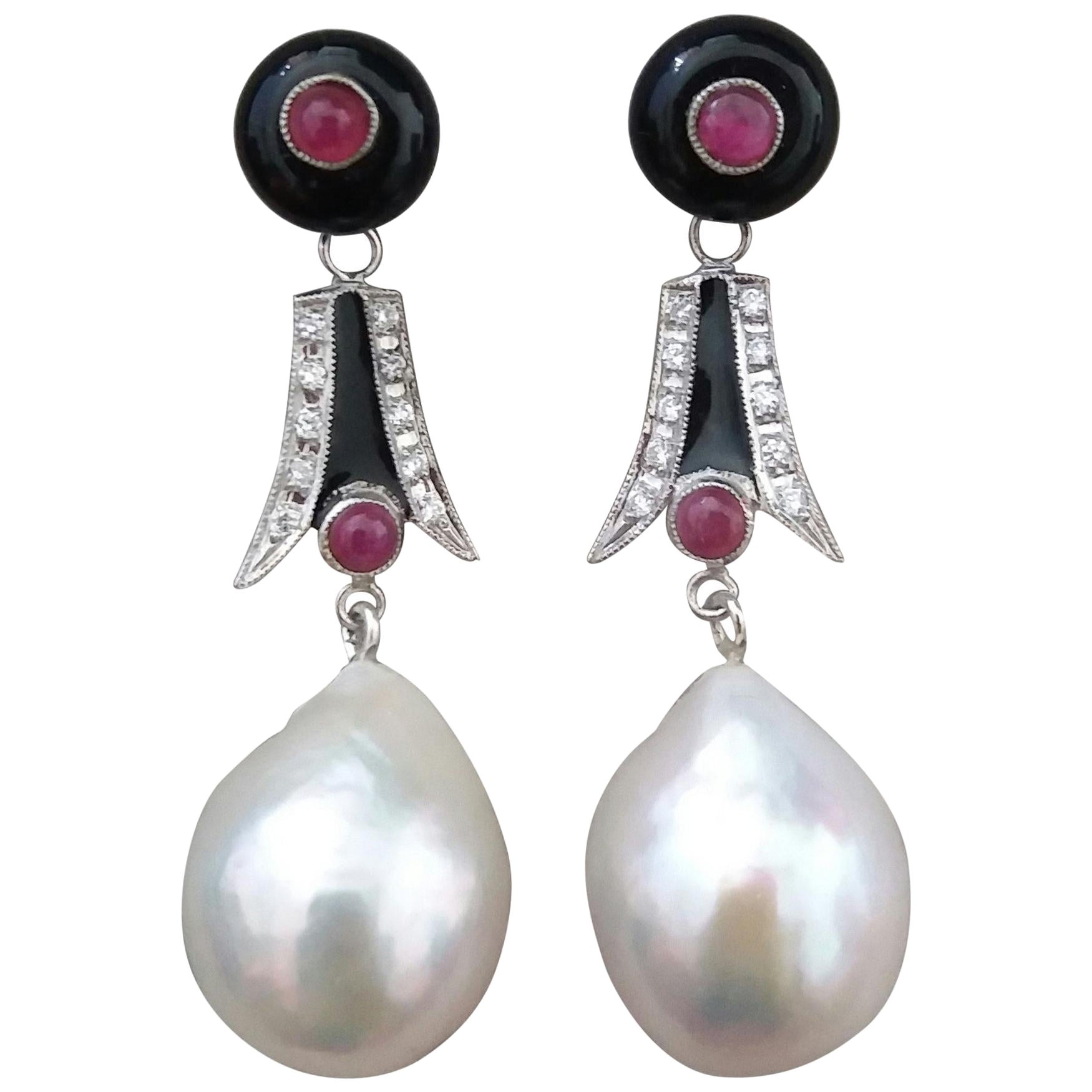 Art Deco Style Baroque Pearls Gold Diamonds Ruby Black Onix Enamel Earrings