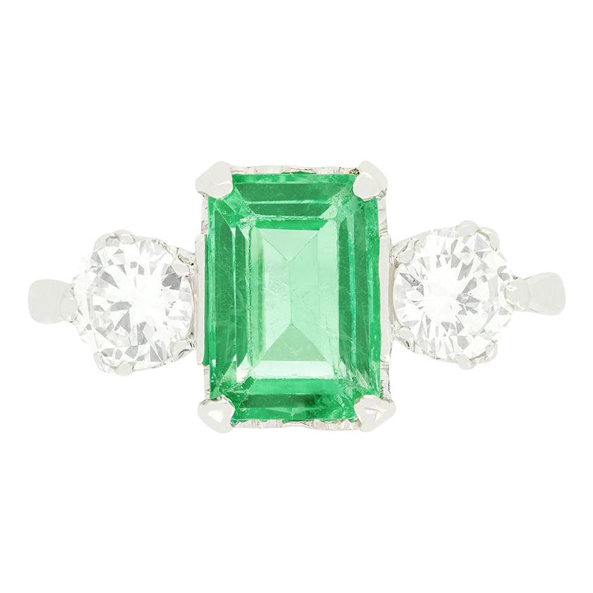 Art Deco 1.70ct Emerald and Diamond Three Stone Ring, c.1920s