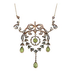 Victorian Antique 14k Peridot and Seed Pearl Lavalier Necklace