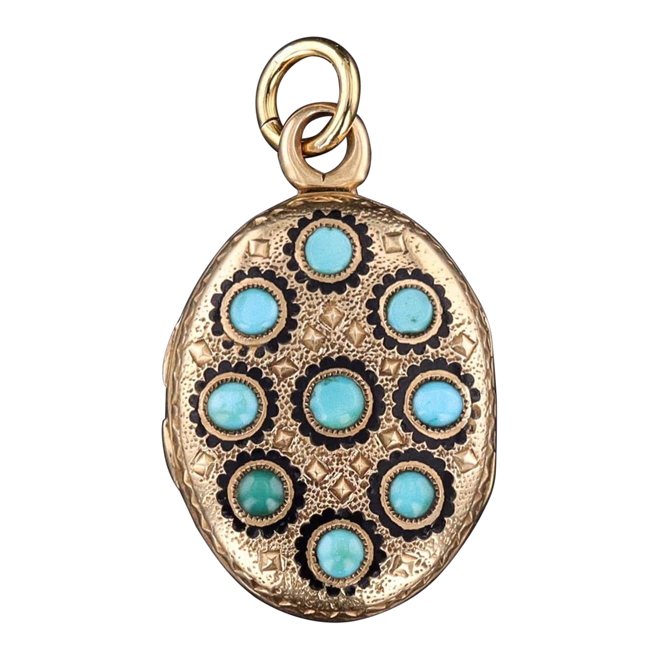 Antiguo Relicario Francés de Turquesa y Esmalte de Oro de 18k