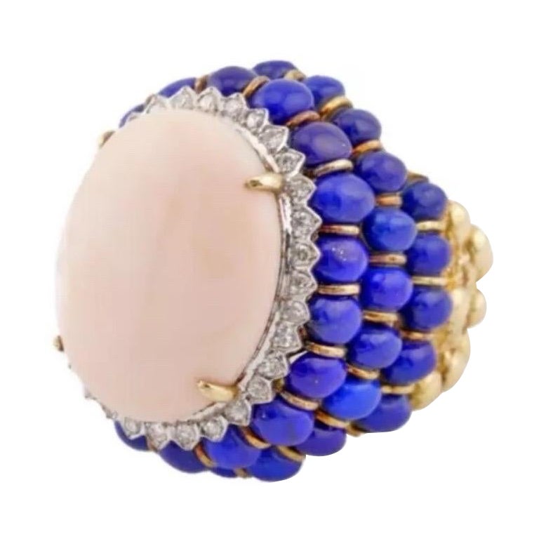 Anello Pelle d'Angelo Corallo Lapislazzuli Oro Giallo 14k Cocktail Estate