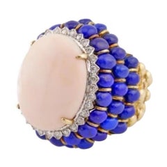 Anello Pelle d'Angelo Corallo Lapislazzuli Oro Giallo 14k Cocktail Estate