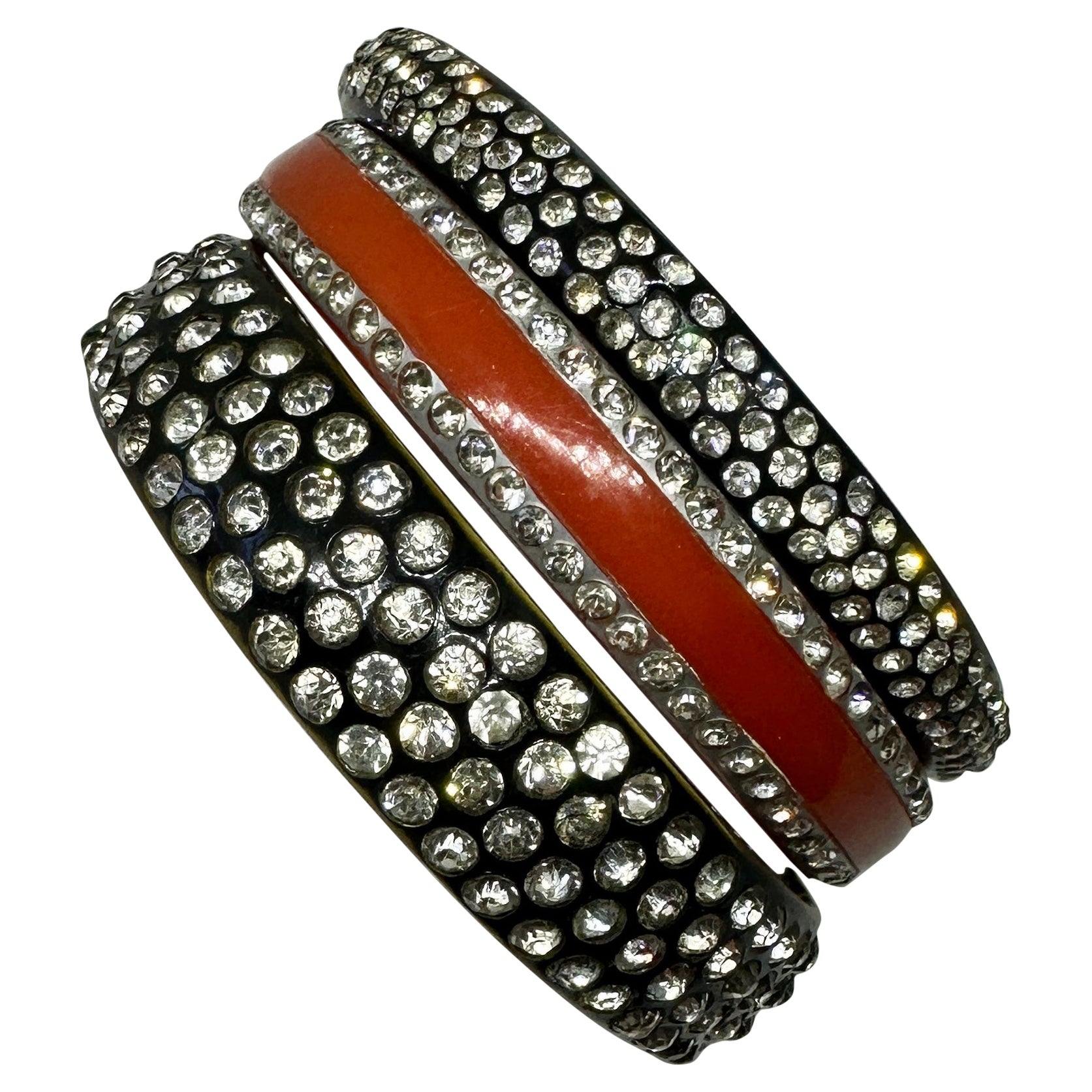 Trio Bracciali Art Deco 1920 Strass Celluloide 2 Nero 1 Rosso