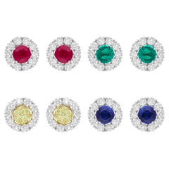 Green Red Blue Gemstone Earrings SI/H Diamond 18 Karat White Gold Fine Jewelry