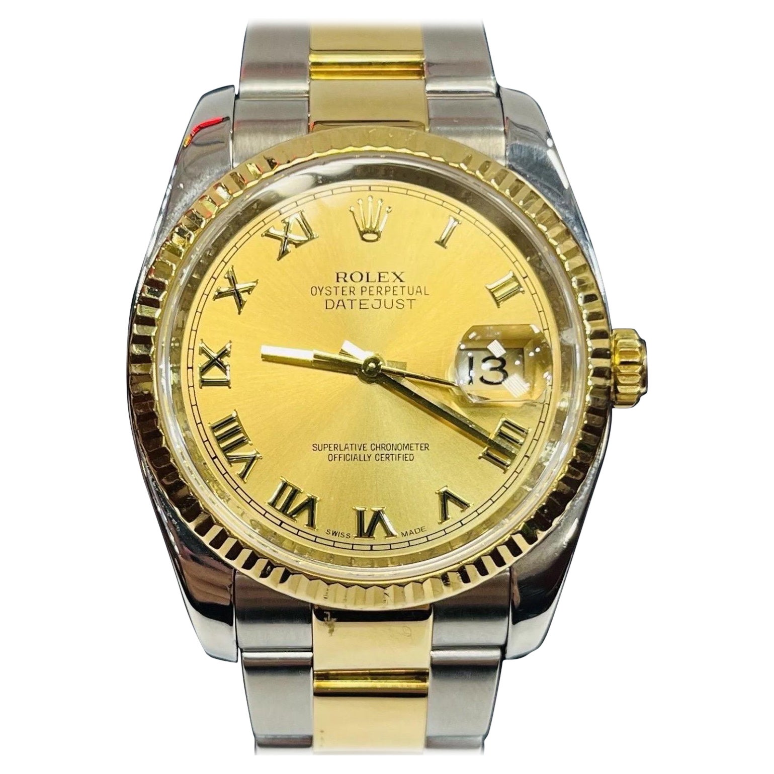 36mm Rolex Datejust Two-tone 116233 Champagne Roman Numeral Dial Oyster Bracelet
